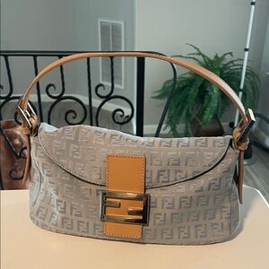 Fendi Light Blue Monogram Shoulder Bag with Tan Leather Strap -Zucchino